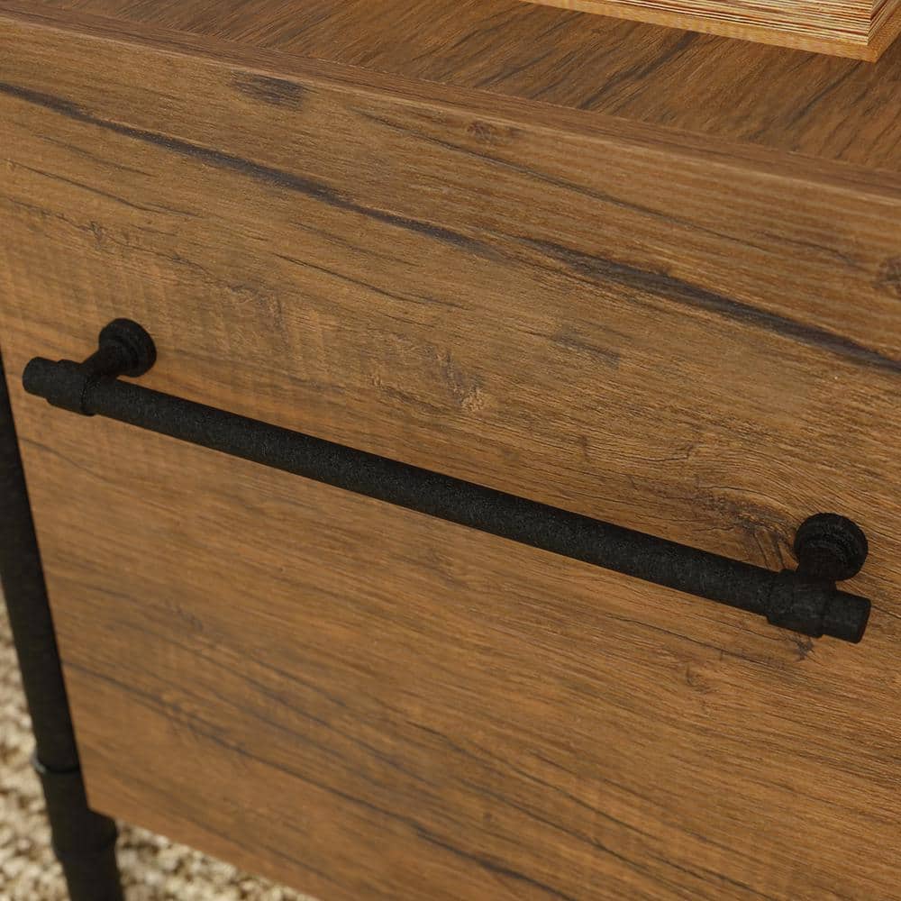 Brown Wood L-Shaped Computer Desk with Drawer and Filing Cabinet