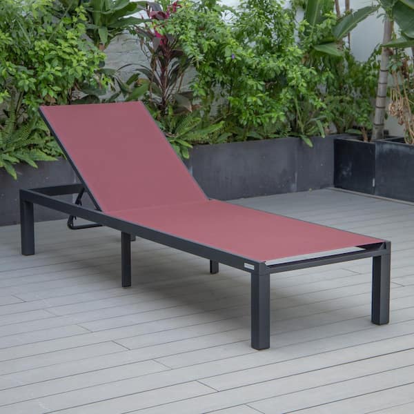 Leisuremod Marlin Outdoor Patio Chaise Lounge Chair in Black Aluminum Reclining Backrest Mesh Sling Fabric Seat in Burgundy
