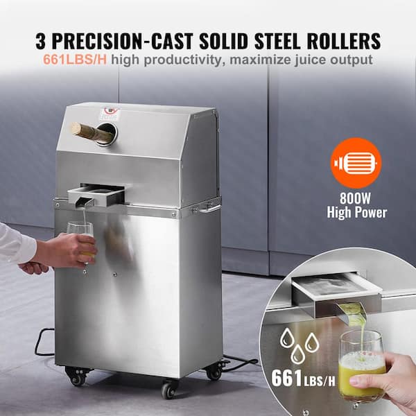 Electric Sugar Cane Juicer, 800-Watt Machine w/ 661 lb./H Output 3 Stainless Steel Rollers 2.4 in. Inlet Juice Extractor