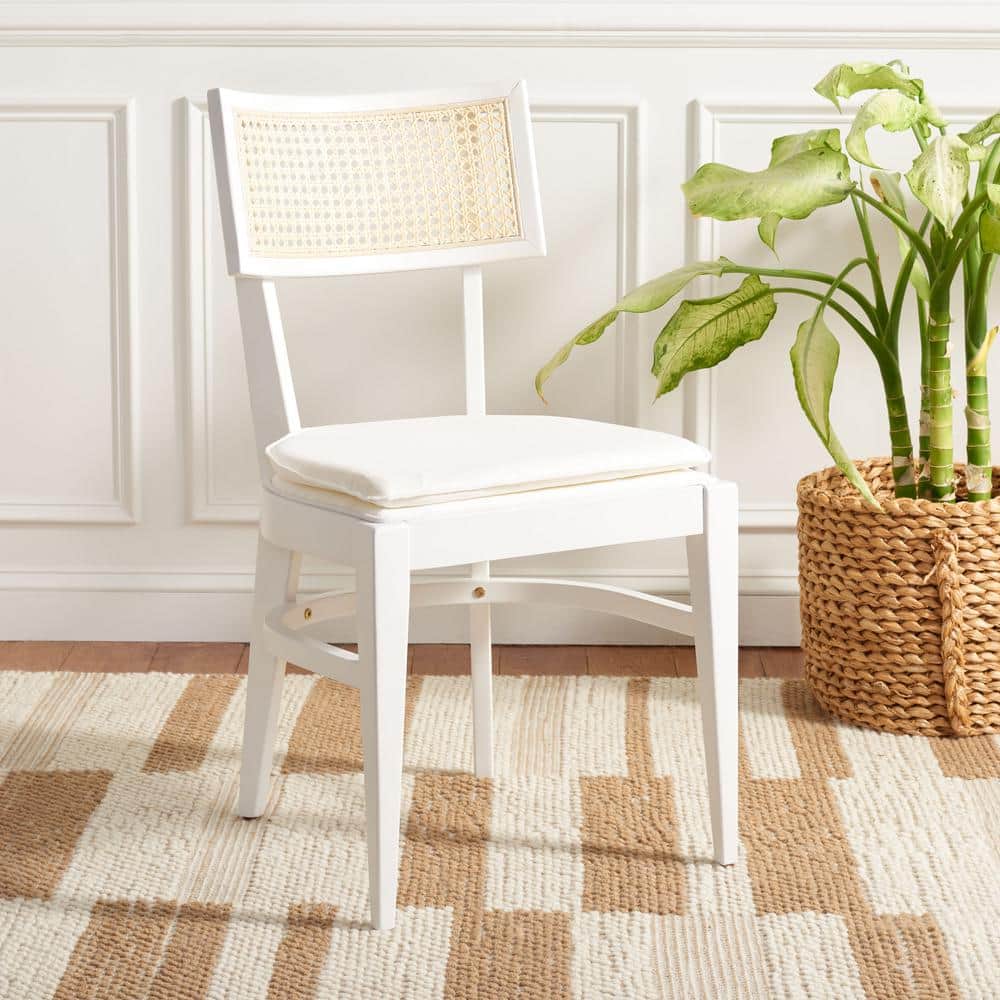 White Rubberwood Upholstered Dining Chair with Cane Backrest