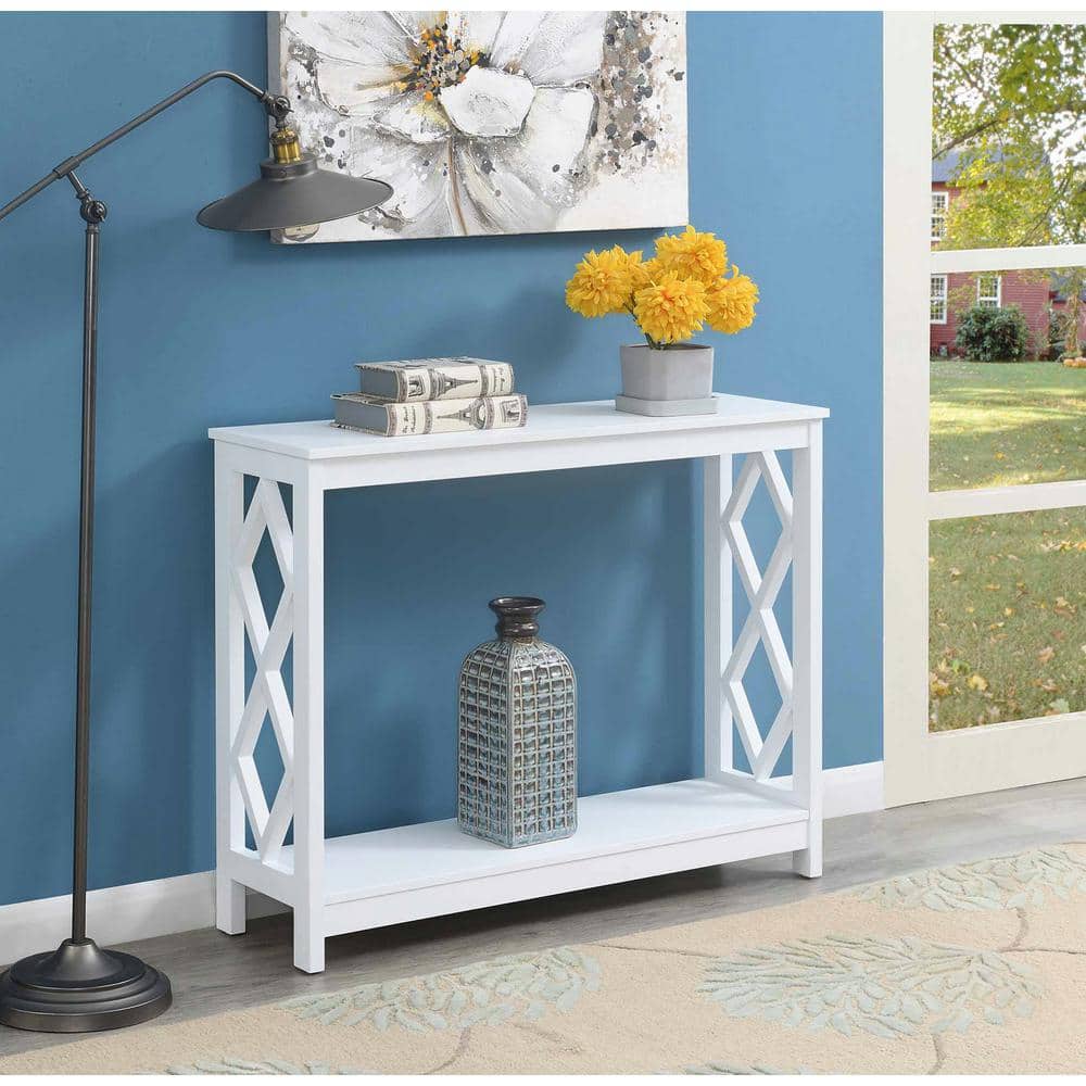 White Diamond Cut-Out Wood Console Table with Storage