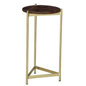 Brita 12.5 in. Brown and Brass Round Wood Top Cocktail Accent End Table with Triangular Gold Base
