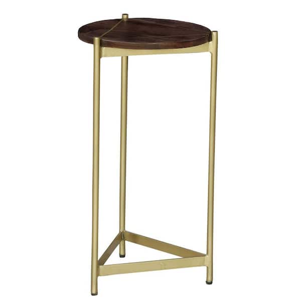 THE URBAN PORT Brita 12.5 in. Brown and Brass Round Wood Top Cocktail Accent End Table with Triangular Gold Base