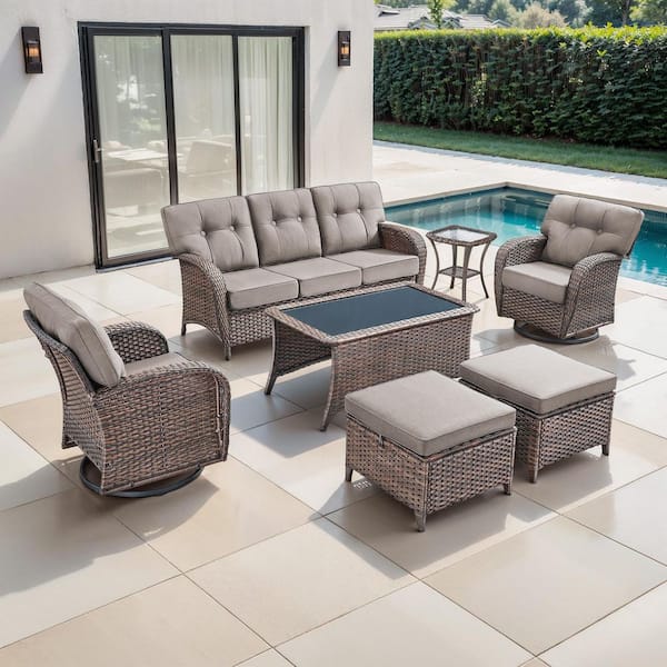 TWrap Brown 7-Piece Wicker Patio Conversation Set with Swivel Rockers, Sofa Seating Set with Olefin Gray Cushions