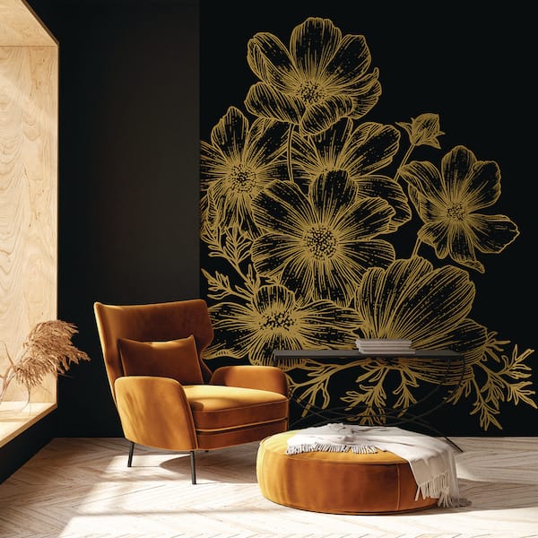 Poppies Linework Black Wall Mural