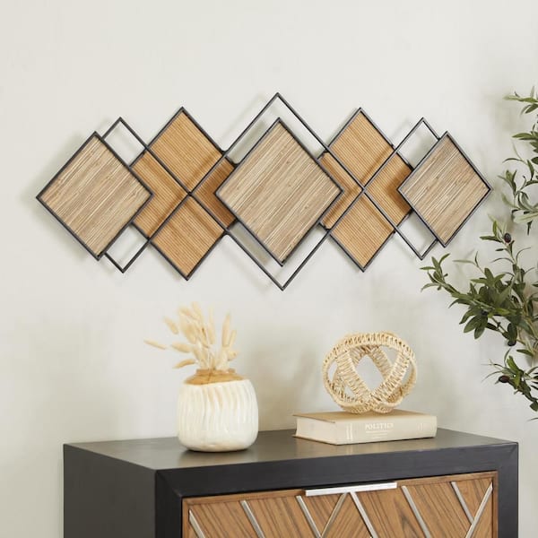 43 in. x 16 in. Bamboo Wood Brown Overlapping Diamond Geometric Wall Decor with Metal Wire