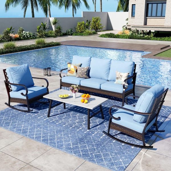 PHI VILLA 4-Piece Black Metal Outdoor Patio Conversation Set with Rocking Chairs, Marbling Coffee Table and Blue Cushions
