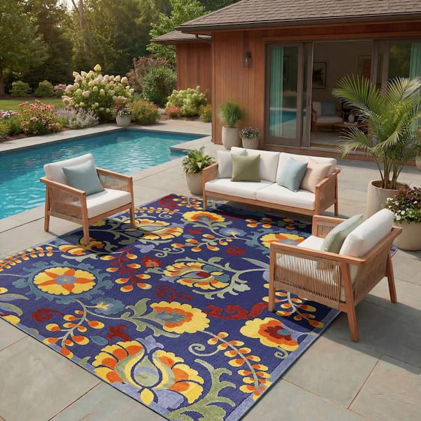 Aloha Navy Multicolor 7 ft. x 10 ft. Floral Contemporary Area Rug