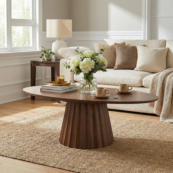 51" Modern Walnut Oval Wood Coffee Table for Living Room