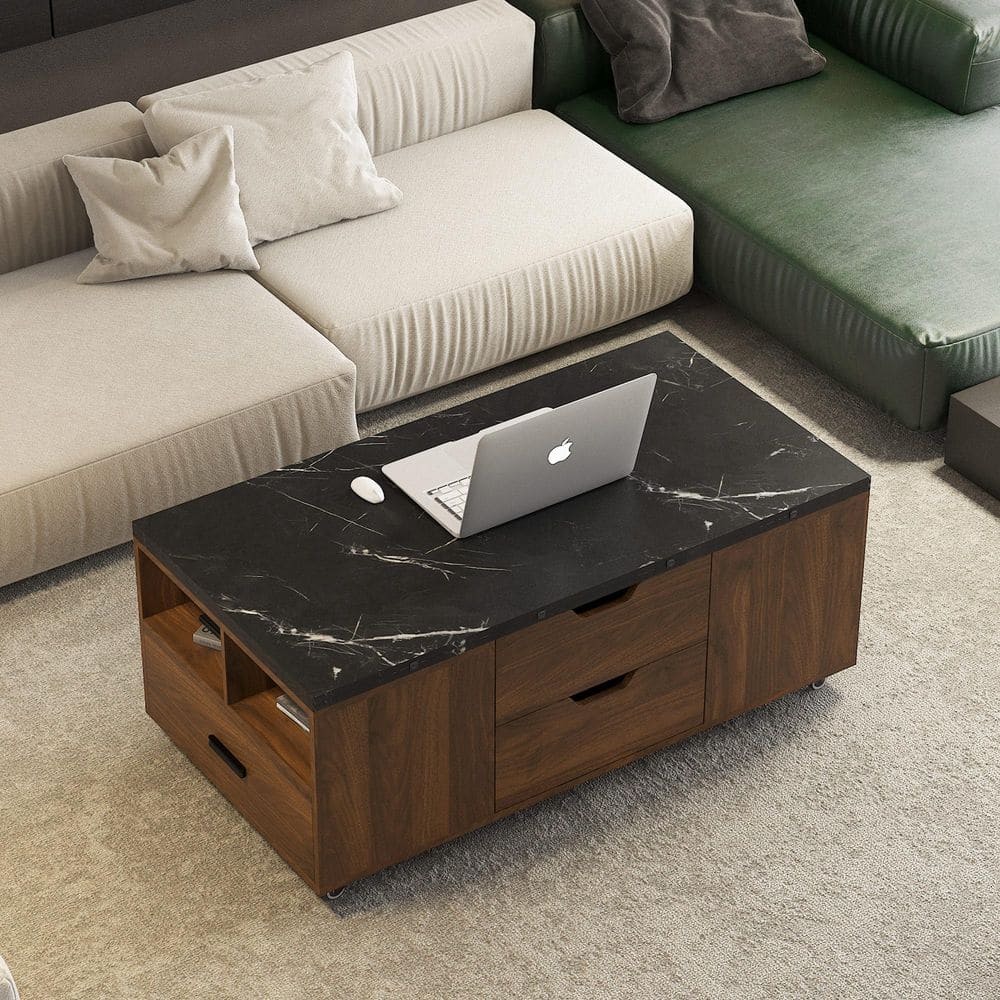 Frank 45.3 in. Brown Rectangle Wood Lift-Up Coffee Table with 2 Stools Set, Expandable Hidden Storage, Drawers