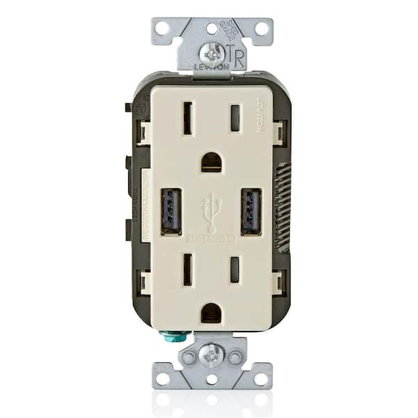 Leviton 3.6A USB Dual Type A In-Wall Charger with 15 Amp Tamper-Resistant Outlets, Light Almond