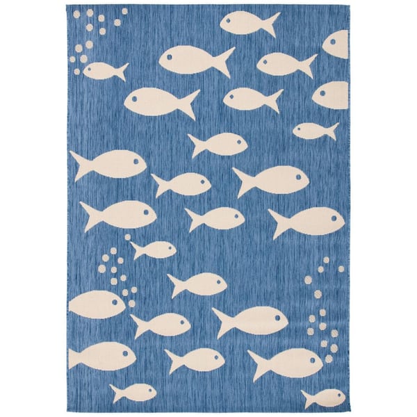 Courtyard Blue/Beige Doormat 3 ft. x 5 ft. Novelty Fish Indoor/Outdoor Patio Area Rug
