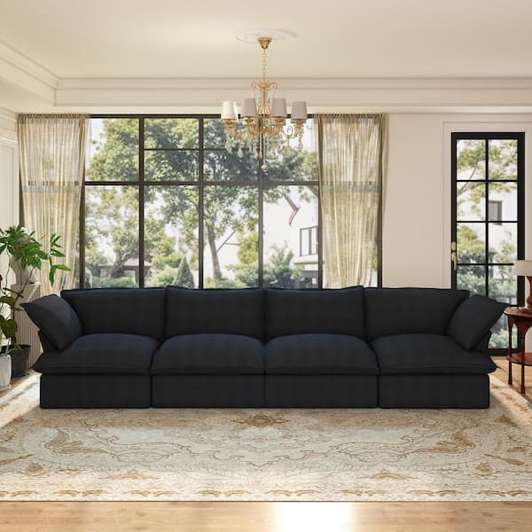 Magic Home Wide Deep Seat 163 in. Flared Arm Linen Modular Cloud Sofa with Washable Cover, Thick Cushion in. Black