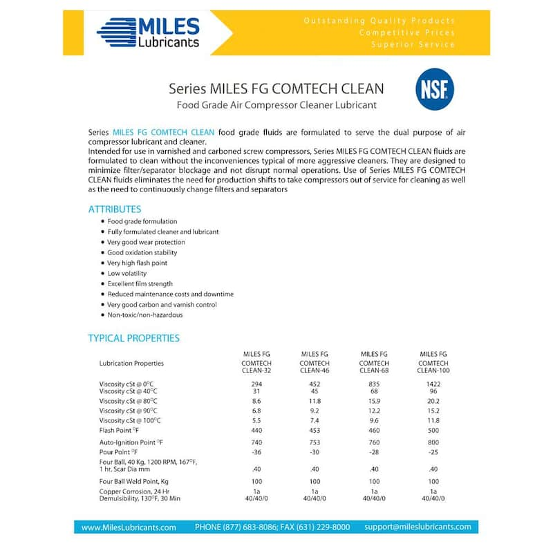 Miles Fg Comp Oil 46 - 5 Gal. Food Grade-Synthetic Rotary Compressor Fluid H-1 Registered