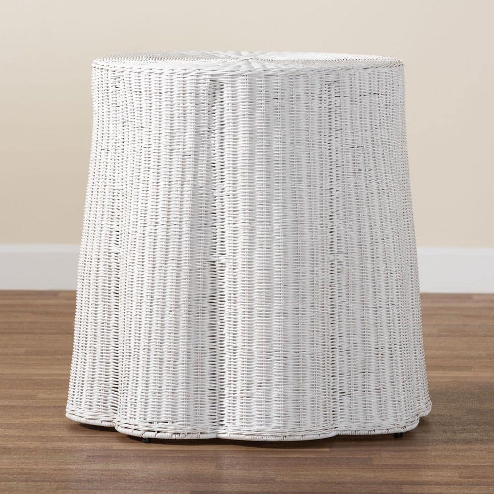 Palm 28" White Round Rattan and Metal End Table