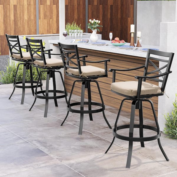 Swivel Cast Aluminum Outdoor Bar Stool with Sunbrella Canvas Antique Beige Cushion (4-Pack)