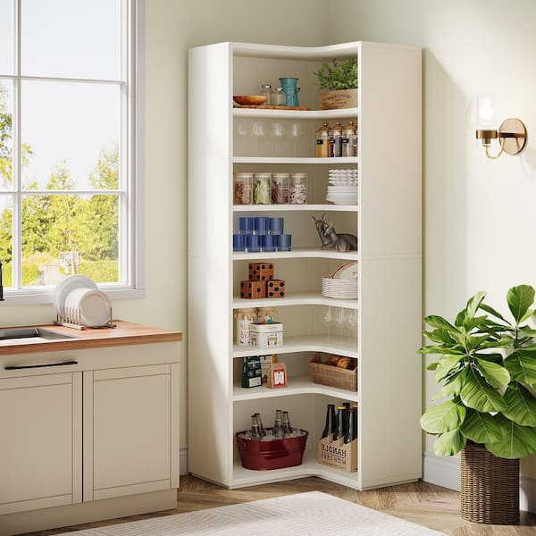 Eula 65 in. Tall White Wood 8-Shelf Etagere Standard Farmhouse Corner Bookcase Home Office Display Organizer