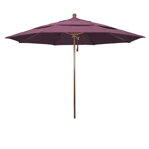 11 ft. Woodgrain Aluminum Commercial Market Patio Umbrella Fiberglass Ribs and Pulley Lift in Iris Sunbrella