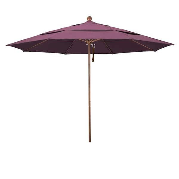California Umbrella 11 ft. Woodgrain Aluminum Commercial Market Patio Umbrella Fiberglass Ribs and Pulley Lift in Iris Sunbrella