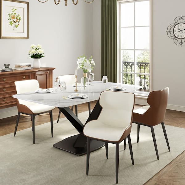 Magic Home Set of 4 PU Leather Dining Chair Morden Desk Chair with Black Iron Legs in Brown