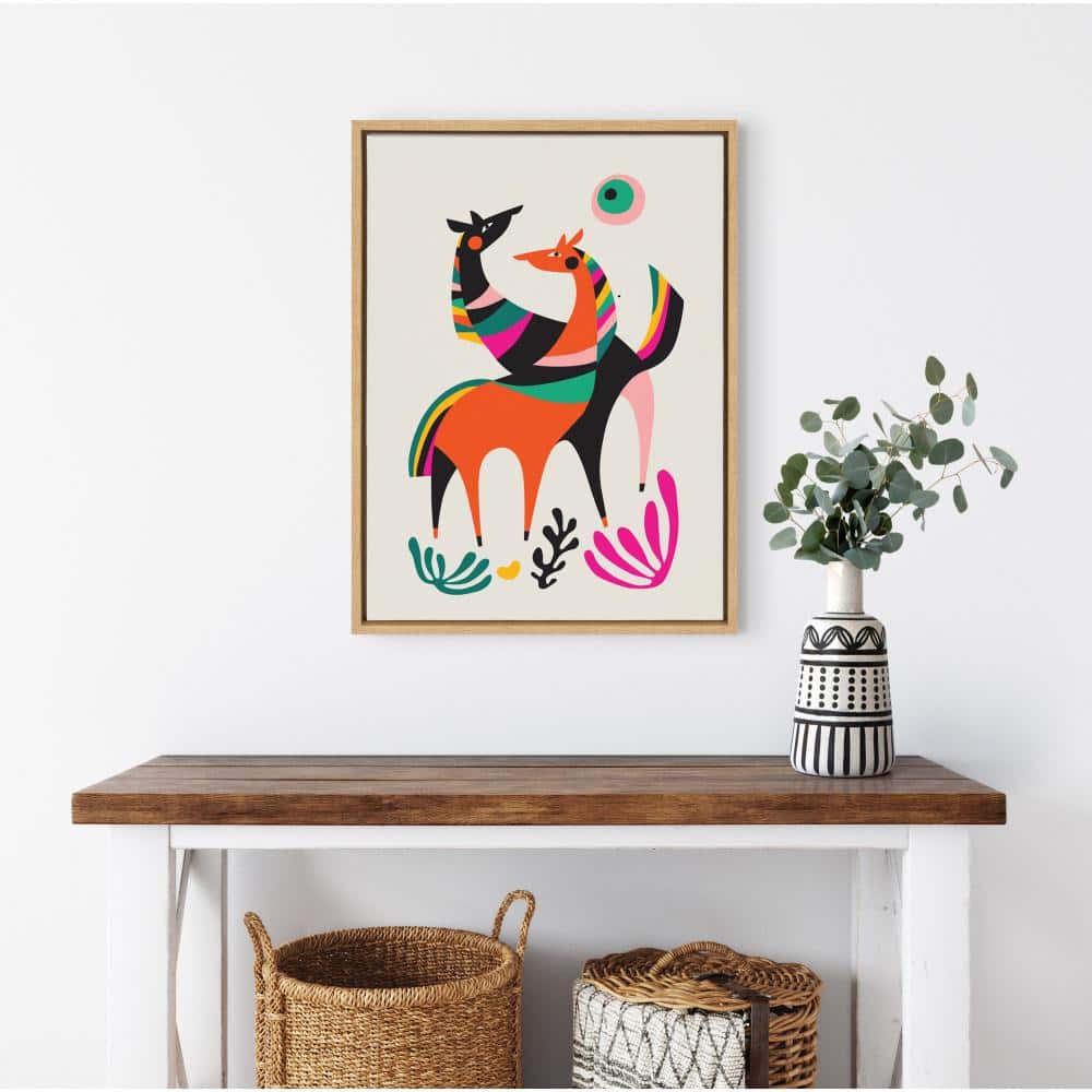 Colorful Dancing Horses Canvas Print with Natural Frame