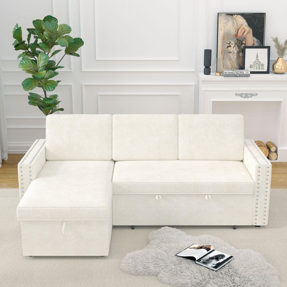 Beige 85 in. Chenille Pull-Out Sofa Bed 3-Seater Sleeper with Storage Chais