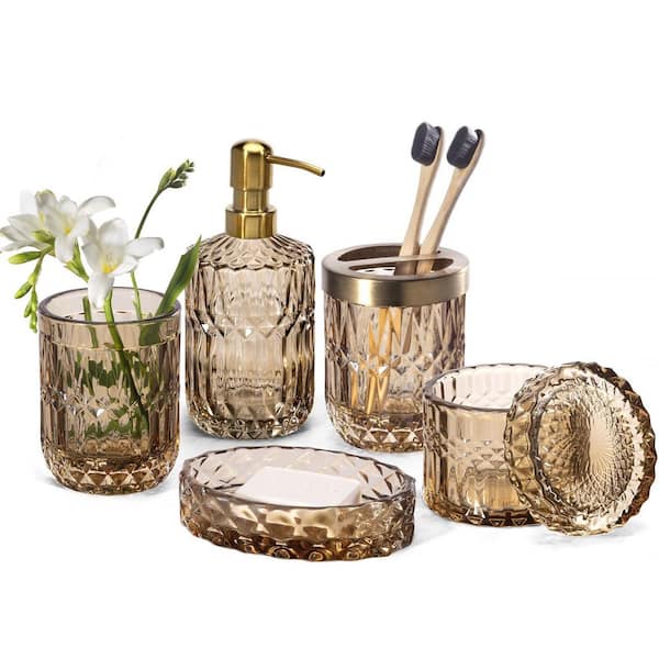 6-Piece Clear Glass Bathroom Accessory Set in Brown, Contemporary Modern Decor Crystal Vintage Gift
