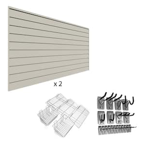 96 in. H x 48 in. W PVC Slatwall Panel Set Sandstone Ultimate Bundle (2-Panel Pack 25-Accessory Pack)