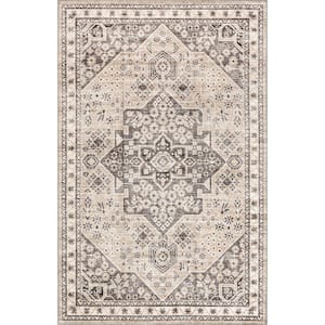 Eira Medallion Spill-Proof Machine Washable Taupe 4 ft. x 6 ft. Area Rug