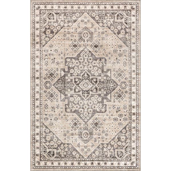 nuLOOM Eira Medallion Spill-Proof Machine Washable Taupe 4 ft. x 6 ft. Area Rug