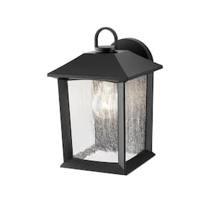 ASHTON 1-Light Black Outdoor Wall Mount Lantern Sconce with Seeded Glass