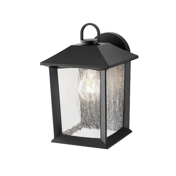 Hampton Bay Ashton 1-Light Black Outdoor Wall Lantern Sconce Light with Seeded Glass