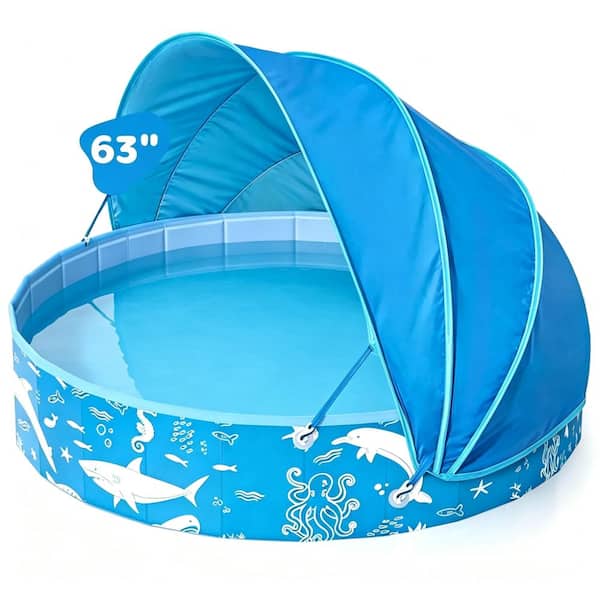63" Foldable Kids Pool with UPF50+ Canopy, BPA-Free Thick PVC for Beach & Yard