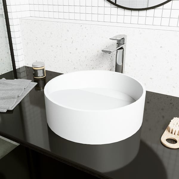 VIGO Matte Stone Starr Composite Round Vessel Bathroom Sink in White with Norfolk Faucet and Drain in Chrome