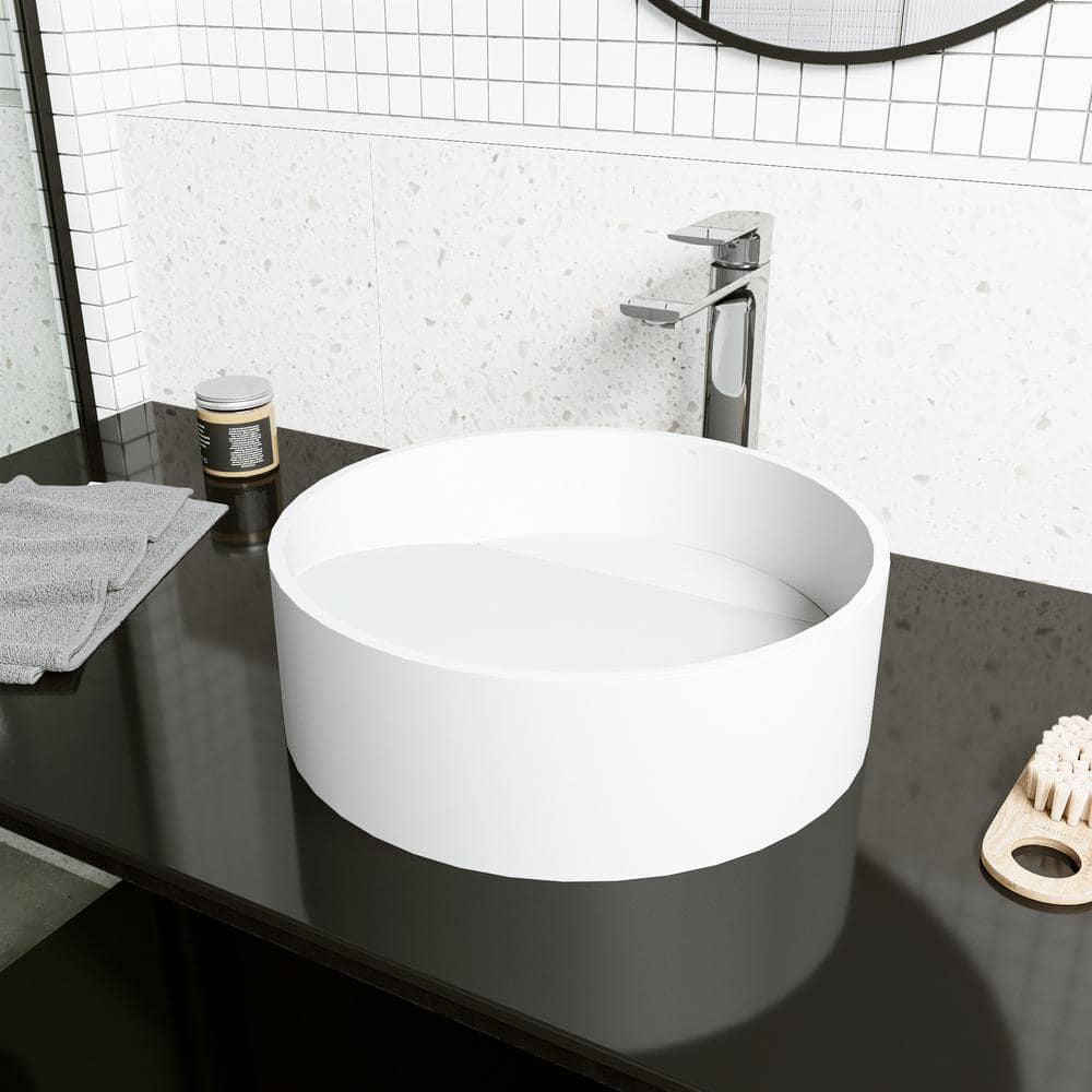 Matte White Round Stone Above-Counter Vessel Sink, 15-inch