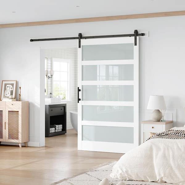 46 in. x 84 in. 5-Lite Frosted Glass White Finished MDF Sliding Barn Door with Hardware Kit