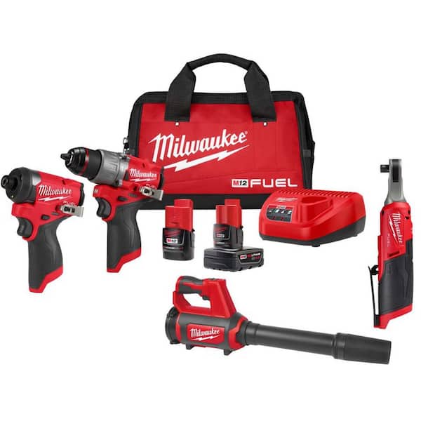 Milwaukee M12 FUEL 12-Volt Li-Ion Brushless Cordless Hammer Drill & Impact Driver Combo Kit w/2 Batteries, 3/8 Ratchet & Blower
