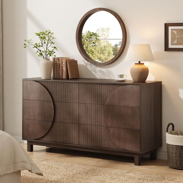 Elyra Modern 32.7 in. H Dark Brown Fluted Accent Storage Cabinet, Bedroom 6 Drawers Dresser, Wooden Chest of Drawers