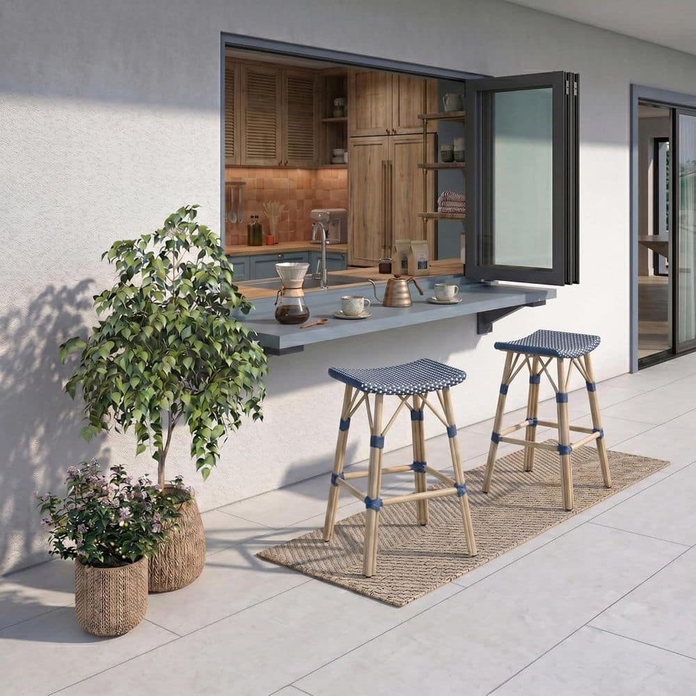 Counter Height Outdoor Counter Stool Aluminum Patio Modern Wicker Counter Stools with Saddle Seat, Dark Blue(2-Pack) price history on PriceWatchPro