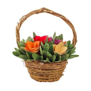 10 in. Artificial Floral Arrangements Spring Assorted Flowers Basket Color- Multi