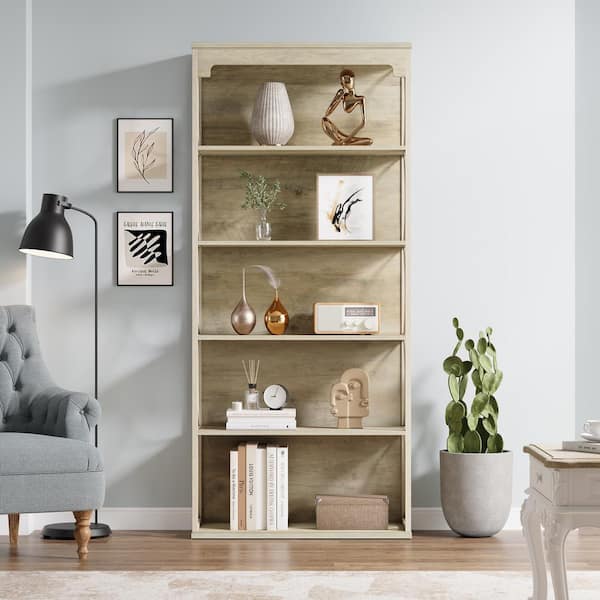 BYBLIGHT Eulas 70.8 in. Tall Retro Gray Wood 5-Shelf Etagere Standard Bookcase with Metal Frame for Living Room Bedroom