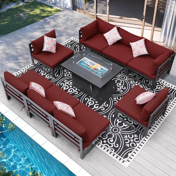 Unbranded Extra Large Gray 9-Piece Aluminum Patio Fire Pit Conversation Set Deep Seating Sectional Sofa with Red Cushions