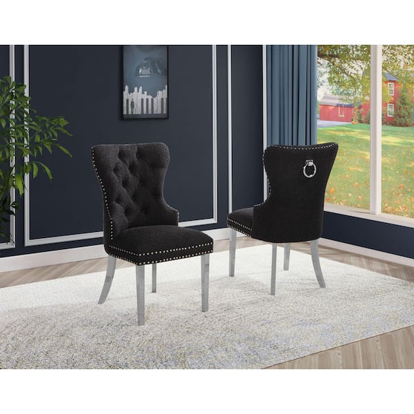 Best Quality Furniture Indira Black Boucle Fabric Side Chair (Set of 2) with Silver Legs