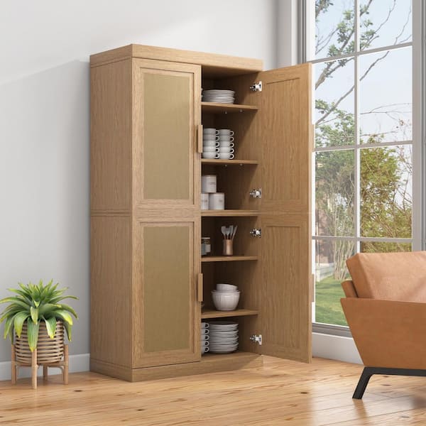 31 in. Tall Natural Wood Grain Wood 2-Shelf Standard Bookcase with Rattan Doors, Storage