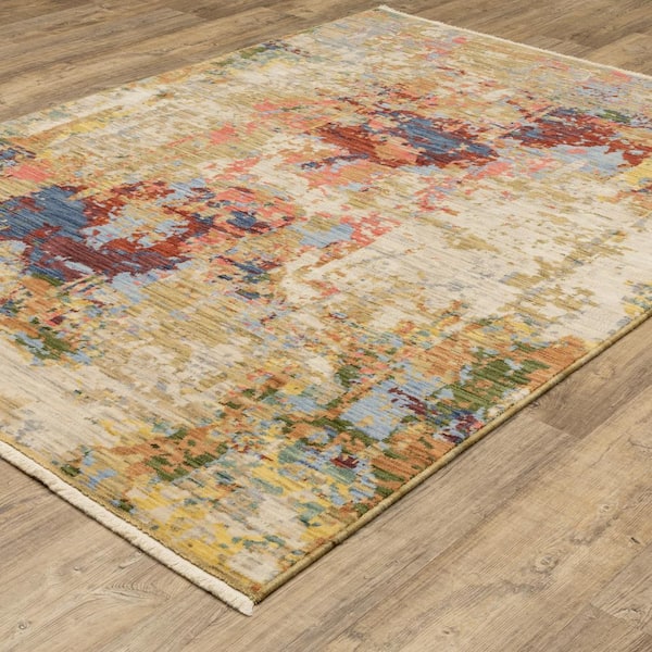 Solano Beige/Multi-Colored 7 ft. x 10 ft. Contemporary Abstract Wool Nylon Blend Fringe-Edge Indoor Area Rug