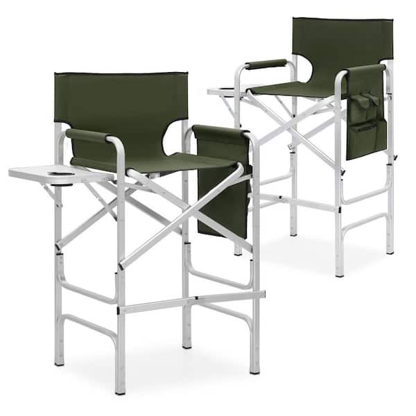 Set of 2 Green Aluminum Foldable Tall Camping/Fishing Chair with Cup Holder Tray and Pocket (23.5 in. W x 44.5 in. H)