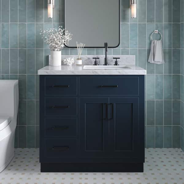 ARIEL Hepburn 37 in. W x 22 in. D x 36 in. H Bath Vanity in Blue with Carrara Marble Vanity Top in White with White Basin