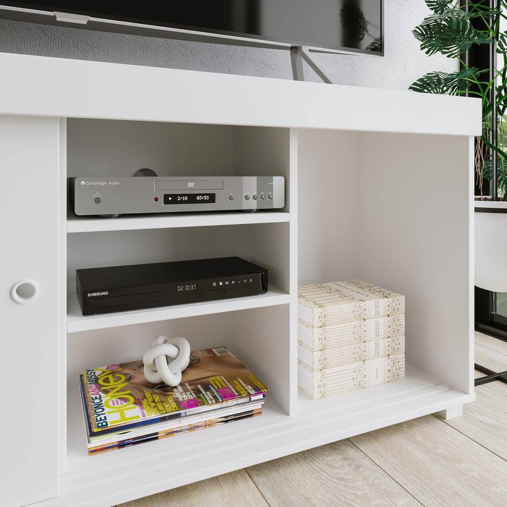 Modern White Particleboard TV Stand with Open Shelves and Cabinet