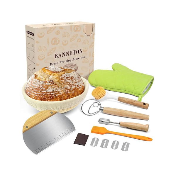 Sourdough Starter Kit with 9-Inch Round & 10-Inch Oval Rattan Baskets, Dough Whisk, Lame, Scraper, Flour Sifter