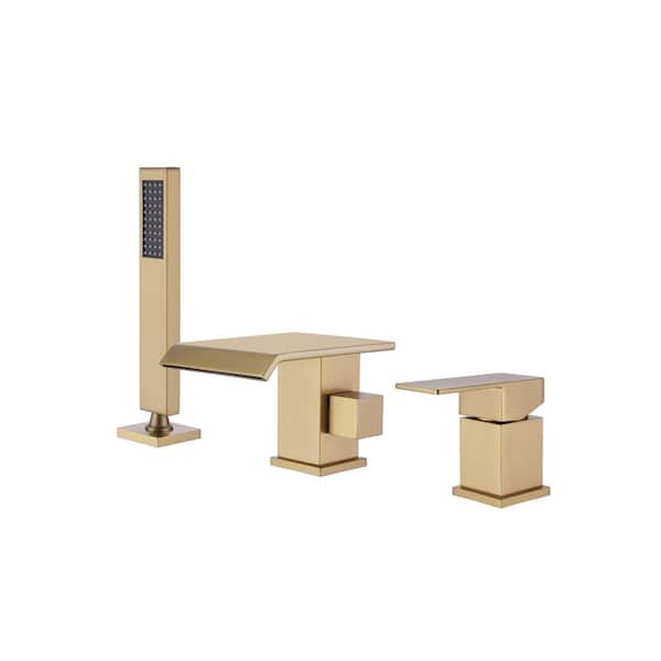 Bathtub 1 Handle Bidet Faucet with Sprayer, with Hand Shower Deck Mount Waterfall Tub Spout Set in Gold